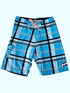 Y2K Billabong Board Shorts Surf Platinum Stretch Blue Plaid Check Size 30